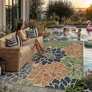PureCozy 5x8 Easy Jute Outdoor Rug Navy/Organge Floral Textured Indoor Outdoor Area Rug Farmhouse Patio Carpet for Backyard, Patio, Porch, Easy-Cleaning, High Traffic, Pet-Friendly, Non-Shedding