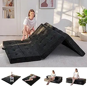 MAXYOYO Foldable Sofa Couch Bed, 4 Inch Tufted Folding Couch, Portable Floor Couch with Handles Guest Bed Topper Portable Camping Mat with Corded Fabric, Full Size, Black