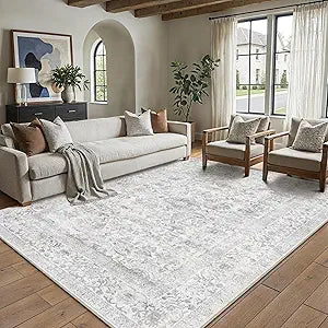 PureCozy 6x9 Area Rug Non Slip Vintage Living Room Distressed Washable Carpet Traditional Indoor Bedroom Grey Retro Floral Accent Throw Rug for Office Kitchen Dorm Dining Room,Grey