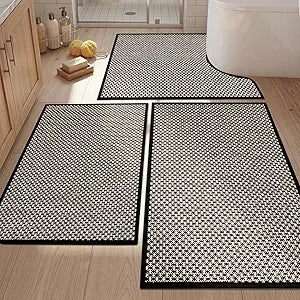 YIHOUSE Thin Bath Mat Black Bathroom Rugs Sets 3 Pieces, Non Slip Absorbent Bath Mats Quick Dry, Woven Braided Rugs Washable, Rubber Tapetes para Bao for Bathroom Toliet,Bathtub