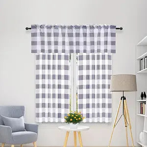 Simple Deluxe 3 Pcs Kitchen Curtains Buffalo Plaid Curtains for Windows Curtains Valance and Tier Set of 3, 52" W x 15" L&26" W x 45" L, White and Gray