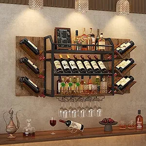 Hoctieon 48.6in Wall Mounted Wine Rack, 3 Tier Hanging Wine Racks with Glass Holder, Large Capacity Bar Shelves, Metal Wood Bottle Display Storage for Kitchen, Home Bar, Dining Room, Rustic Brown