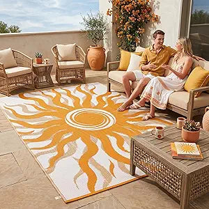 Garvee Outdoor Rug 9x12 Waterproof Patio Rugs with Boho Sun Pattern, Reversible Plastic Straw Camping Rugs Outdoor Indoor RV Mat Carpet for Deck, Backyard, Picnic, Porch, Balcony, Beach, Orange