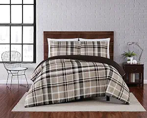 TRULY SOFT Paulette Plaid Taupe Polyester 3-Piece Full/Queen Duvet Set, Plaid Themed, for Men and Women, Oeko-TEX Certified Confidence