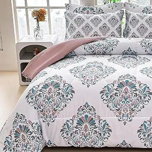 lasoftan Floral Queen Comforter Set with Sheets, 7 piece Luxury Vintage Bedding, Soft Microfiber Bed in a Bag, Cozy Lightweight Bed Set, Damask Boho Flower