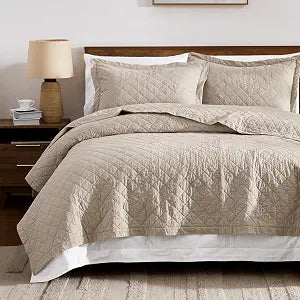 WDCOZY 100% Cotton Quilt Queen Size Bedspread, Pre-Washed 3-Piece Lightweight Soft Coverlet Set with 2 Pillow Shams, Farmhouse Design All Season Bedding Set, Beige