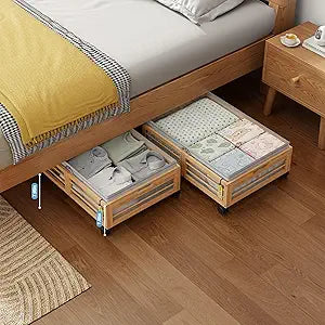 Under Bed Storage Containers with Wheels, Larger Bamboo Wood Under Furniture Storage Containers with Dust BagsRolling for Shoes Clothes