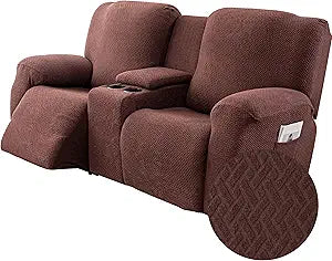 Genina Recliner Loveseat Covers with Console, Stretch Reclining Sofa Covers, 2 Seater Couch Cushion Stripe Jacquard Recliner Slipcovers,Furniture Protector Covers for Pet (Chocolate)