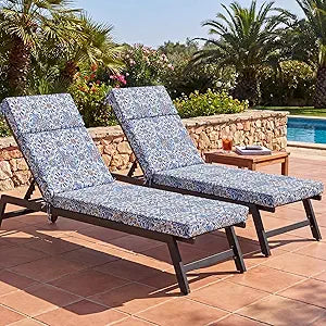 Kigley Outdoor Chaise Lounge Cushions Set of 2, 72x21x3 in for Patio Replacement Cushions, High Density Foam, Water & Fade-resistant Removable Covers with Ties for Pool Patio Lawn(Blue,Moroccan Style)