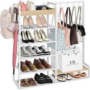 2-in-1 Shoe Rack for Closet with Purse Organizer, 5 Tier Shoes Shelf with Wooden Tray and Removable Shelves, Storage Organizer for Entryway, Garage, Hold Boots, Backpacks, White