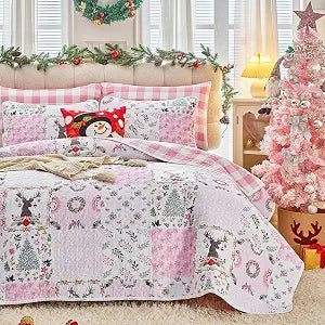 Joyreap 3pcs Christmas Quilt Set Queen, Pink Xmas Patchwork Design, Lightweight Microfiber Bedspread Coverlet for All Season- 88x88 inches