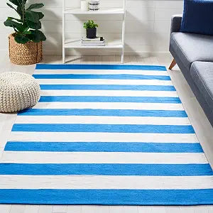SAFAVIEH Montauk Collection Area Rug - 4' Square, Blue & Ivory, Handmade Flatweave Cotton, Woven Texture, Farmhouse Stripe Pattern, Ideal for Living Room, Bedroom, Dining Space (MTK712C)