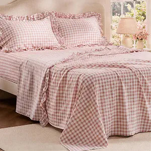 Bedsure Pink Gingham Sheets Queen Size, Plaid Ruffle Cute Bed Sheets 4 Pcs