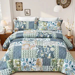 Boho King Size Comforter Set - 3 Piece Patchwork Vintage Soft Bedding Farmhouse Reversible Sage Green Bed Set for All Season, 1 Lightweight Comforter (104"x90") and 2 Pillow Shams (20"x36")