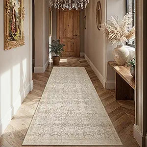 3x8 Beige Washable Neutral Runner Rug for Living Room Floral Non Slip Low Pile Runner Indoor Vintage Traditional Stain Resistant Distressed Carpet Kitchen Bedroom Dining Room Hallway Bathroom