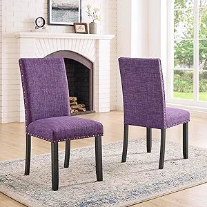 Roundhill Furniture Biony Fabric Dining Chairs with Nailhead Trim, Set of 2, Purple