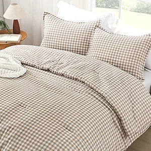 Andency Tan Gingham Comforter Set Twin(66x90Inch), Brown Checkered Grid Plaid Buffalo Bed Set for Girls Boys Kids Teens, 2 Pieces Lightweight Polyester Geometric Preppy Bedding