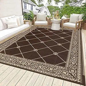 Outdoor Patio Rugs 6x9Ft Outside Rugs Patio Waterproof Plastic Straw RV Camping Rug Reversible Mats Large Floor Mat and Rug for Patio, Backyard, Deck, Picnic, Beach, Trailer (Brown)
