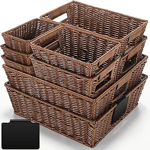 Marsui 9 Pcs Wicker Storage Baskets for Pantry Organization with Handle Labels Handwoven Multi-size Dark Brown Small Organizer Baskets Storage Bin Container for Shelves Closet Toilet Christmas Holiday