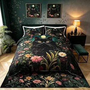 Manfei Black Cat Duvet Cover Full Size for Kids Boys Girls,Gothic Moon Night 3 Pieces Duvet Cover,Wild Cat Jungle Soft Comforter Cover (Not Comforter),Watercolor Flowers Leaves Quilt Cover