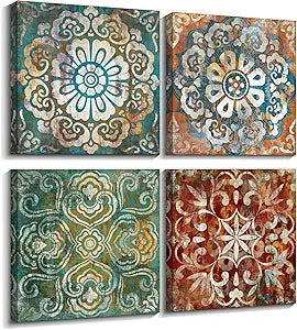 Mofutinpo Wall Art Vintage Flowers Pattern Canvas Prints Pictures for Bedroom Wall Decor 14x14 inches 4 Pieces Artwork Ready to Hang for Home Bathroom Kitchen Office Decoration