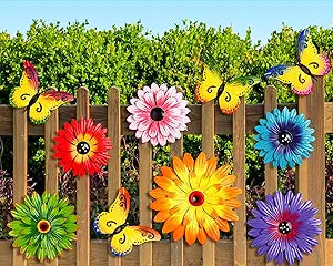 Gisafai 10 Pack Metal Flower Wall Decor Outdoor, 3D Daisy and Butterfly Metal Garden Wall Art, Colorful Fence Decorations for Patio Backyard Balcony Porch, Summer Housewarming Gift(Fashion)