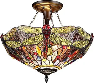 Tiffany-Style 2 Light Dragonfly Semi-Flush Ceiling Fixture 16" Shade