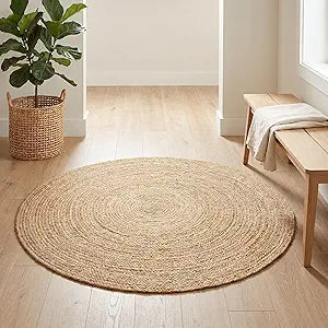 Ramanta Home Hand Woven Jute Braided Rug 4' Round - Natural, Farmhouse Accent Circle Reversible Rugs for Kitchen, Nursery, Kids Room, Boho Floor Carpet for Living Room, Patio - 4 Feet Round