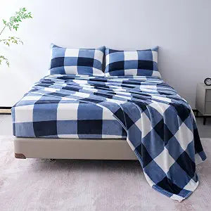 Best Season Navy White Blue Fleece Sheets Queen Ultra Soft Bed Sheet Set 4 Piece - Velvet Fleece Bed Sheet Set | Cozy Warm, Anti-Static, Non Pilling Fuzzy Checkered Queen Sheets