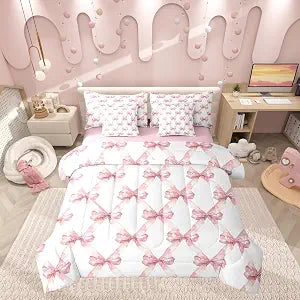Manfei 7 Pcs Pink Bowknot Comforter Set,Dreamy Princess Style Bedding Set,Watercolor Bow Geometric Grids Patchwork(Comforter+Fitted+Flat Sheet+2 Pillowcases+2 Throw Pillow Covers),Twin Size