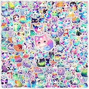 200Pcs Starry Rainbow Cute Cat Waterproof Vinyl Stickers Pack