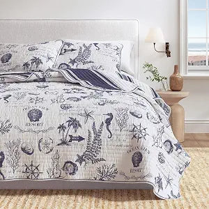 Great Bay Home Coastal Cotton Quilt Set - 3-Piece Full/Queen Size Nautical Bedding Set - Lightweight, All-Season, Reversible Bedspread (Seacoast Memories)
