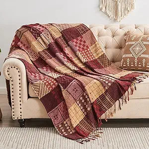 Boho Throw Blanket,Patchwork Large Blankets for Sofa Double Bed Armchair Couch,Weighted Soft Furniture Throws,Tassels Chenille Throws and Blankets for Bohemian Decor (60"*75")