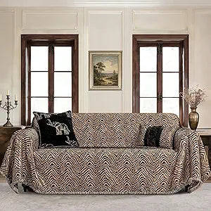 Stylish Zebra Print Couch Cover for Sofa, Luxury Wild Animal Jacquard Chenille Sofa Covers for Dogs, Black Couch Slipcover with Fringe Furniture Protector for Pets(Black Gold, 71" x118")