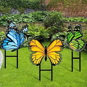 3 Pcs Spring Metal Butterfly Garden Stakes Decor 16.5 Inch Decorative Green Yellow Blue Butterfly Yard Stake Outdoor Insect Decor Metal Garden Art Ornaments for Patio Porch Lawn Backyard
