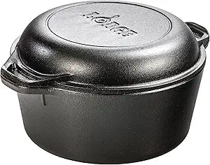 Lodge Cast Iron Double Dutch Oven 5 Quart - Pre-Seasoned 2-in-1 Cast Iron Cookware - Pot & Skillet Combo - Even Heat Retention - Oven-Safe, Versatile Pot