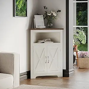ChooChoo Farmhouse Corner Cabinet, Small Corner Storage Cabinet with Barn Door Design and Adjustable Shelf, Home Space Saver for Living Room, Bathroom, Kitchen, Soft White & Brown