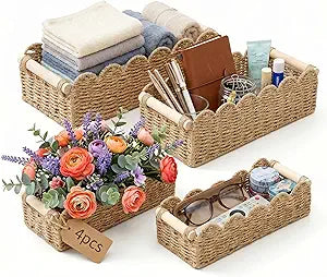 Paper Rope Storage Basket, Set of 4, Handwoven, Scalloped Edge, with Wooden Handles, for Bathroom, Bedroom, Shelf Organization