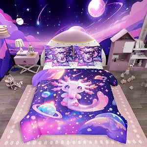 Feelyou Kids Cute Axolotl Comforter Set with Sheets Twin Size, Galaxy Planet Space 7 Pieces Bedding Set Boys Girls Cartoon Animal Bed in A Bag Dreamy Starry Teens Bed Set Bedroom Decor 7Pcs