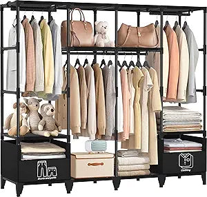 LOKEME Portable Closet,Sturdy Stable Large Capacity Wardrobe Closet,Clothes Rack with Shelves,2 Folding Areas,6 Storage Areas,4 Hanging Areas,Suitable for Bedrooms and Dormitory,66.5in Black