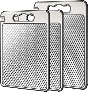 3Pcs Cutting Board Set for Kitchen, 16"*11"(1pack)&14.4"*9.8"(2pack), Double Sided 304 Stainless Steel & Wheat Straw, Scratch Resistant Mesh Design, Non Toxic Chopping Board for Meat, Dishwasher Safe
