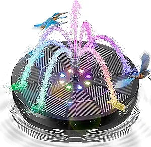 3.5W Solar Fountain,Upgraded 100% Glass Panel Solar Bird Bath Fountain with 2000mAh Battery,7 Color RGB LED Lights & 6 Nozzles,Solar Fountain for Bird Bath,Garden, Pond, Pool, Outdoor Decor(Black)