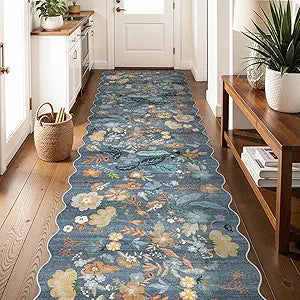 3x12 Runner Scalloped Rug for Hallway: Washable Non Slip Floral Rug for Kitchen Entryway Bathroom - Soft Low Pile Long Flower Carpet Runners for Hallway 12ft - Boho Chic Decor (3x12 Blue)