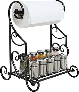 MyGift Gothic Paper Towel Holder Heart Scroll Metal Paper Towel Holder Stand with Slatted Condiment Shelf Rack, Black Decorative Kitchen Decor Accessories