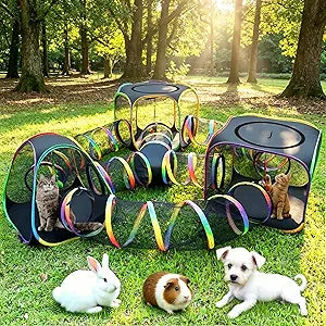 CypherX Outdoor Rainbow Cat Enclosure, 7 in 1 Portable Cat Tents for Outside Cage Free Outside Pop up Pet Enclosure Cat Tunnel Outdoor Playground for Indoor Cats and Small Animals
