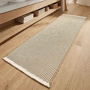 MIULEE Waffle Bathroom Runner Rugs, Super Absorbent Non Slip Bath Rug, Soft Quick Dry Washable Boho Large Beige Bath Mat with Tassels for Hallway Laundry Room Bedroom, 2'x5' (24"x60"), Brown & White