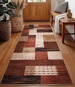 YIHOUSE 2x6 Kitchen Runner Rug Non Slip Washable, Geometric Patchwork Rug Runners for Entryway Hallway Non Skid, Brown Color Block Carpet Runner for Bathroom Bedroom Laundry Room