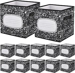 Yookeer 12 Pcs Fabric Storage Cubes 11 Inch Zebra Print Storage Boxes Notebook Pattern Black Non Woven Fabric Foldable Organizer for Books, Clothes, Toys, Stationery & Office Supplies