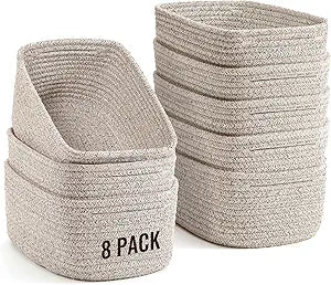 8 Pack Small Storage Baskets for Organizing, Woven Rope Bins for Bathroom, Closet, Shelf Organizer, Cute Cube Decorative Box for Towels, Baby Nursery, Toys, Gift Empty Baskets - 11.5"x7.5"x4.7"-Brown