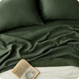 Bedsure Linen Sheets Queen Size - Cotton Linen Blend Bed Sheets, Anti - Pilling, Ultra-Soft & Breathable, 16 Inches Deep Pocket, PureWoven Natural Texture Improves With Use,4 Pieces(Olive Green,Queen)